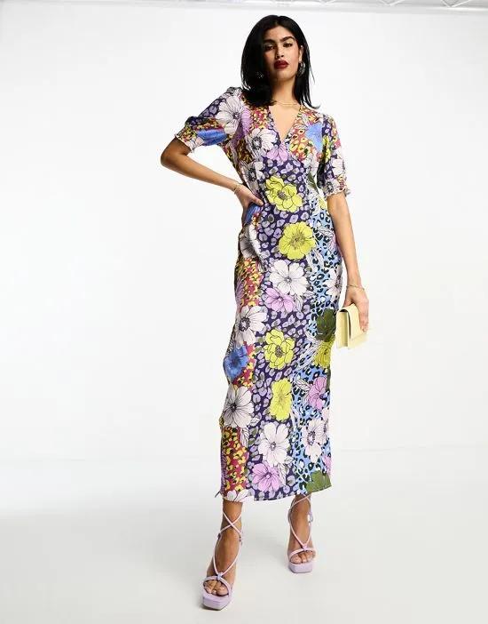 v neck midi tea dress with side split in mixed floral print
