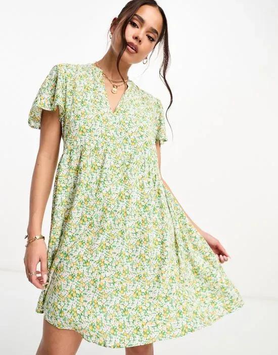 v neck mini dress in yellow & green ditsy floral print