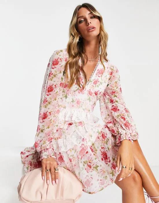 v neck mini dress with lace detail in rose floral print