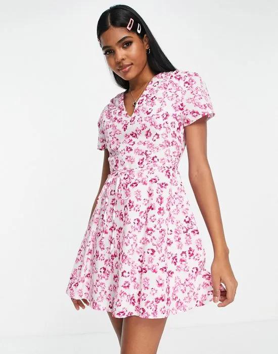 v-neck mini tea dress with tie waist in pink floral
