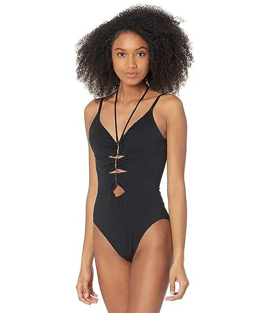 V-Neck One-Piece Strappy Details and Cutouts