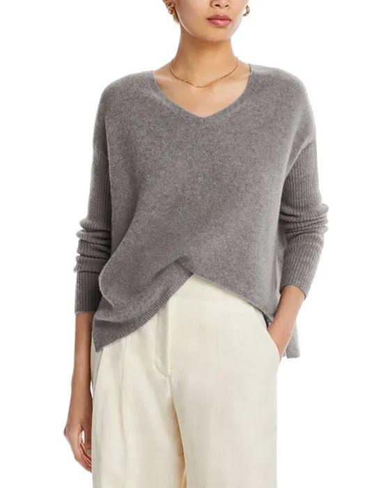 V-Neck Ribbed Sleeve Cashmere Sweater - 100% Exclusive