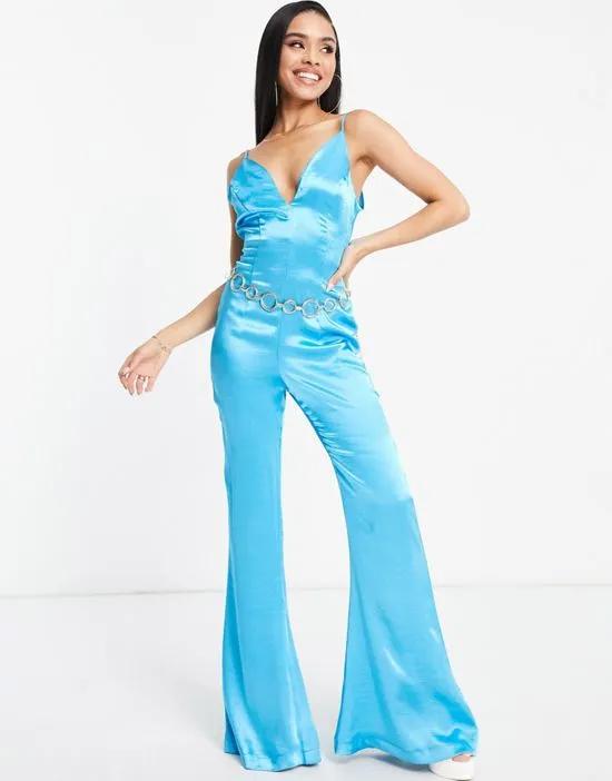V neck satin jumpsuit with chain belt in turquoise
