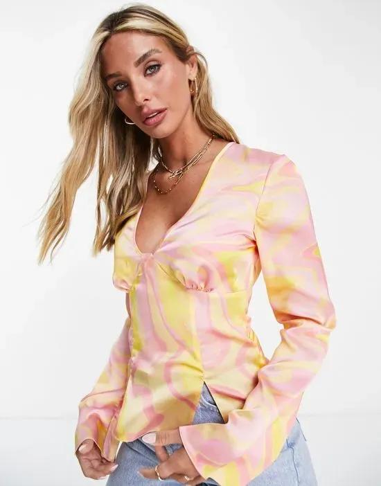 v neck satin long sleeve blouse in abstract pink & yellow print