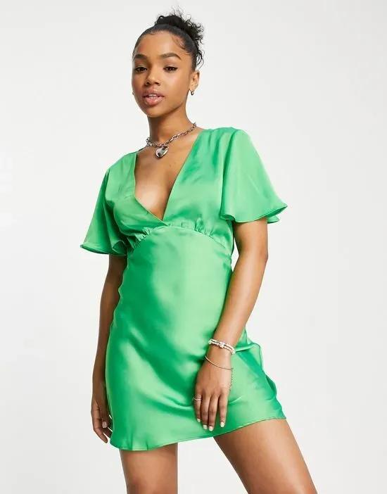 v neck satin tea dress in green
