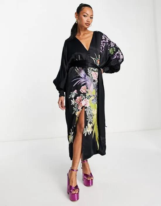 v neck statement floral and phoenix dress midi dress with tie in black