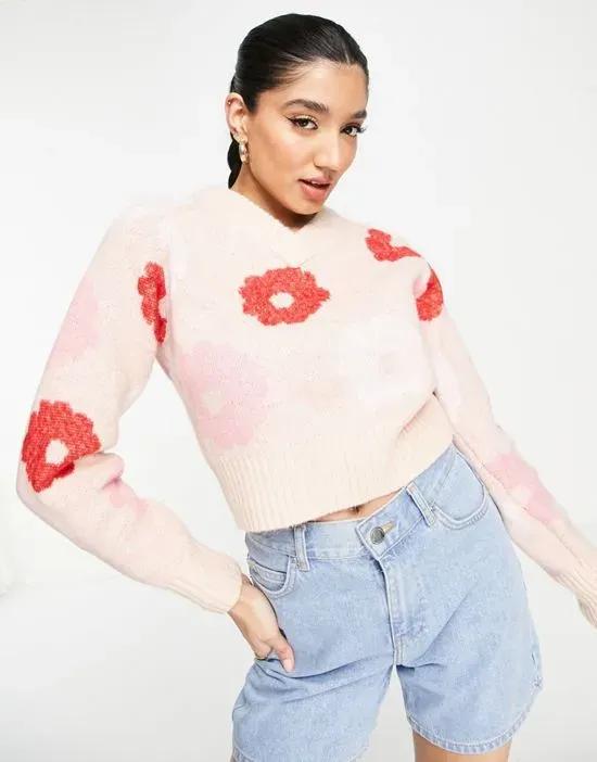 V neck sweater oversized flower print in pink