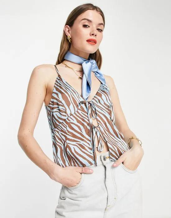 V-neck tie front cami in blue & brown zebra