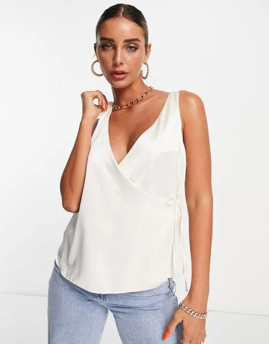 V-neck wrap front satin cami with tie side in ivory