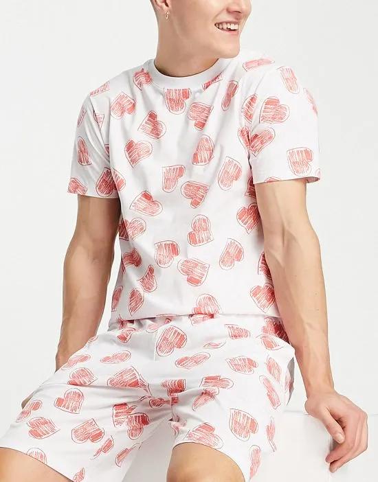 Valentine T-shirt and shorts pajama set with heart print in white