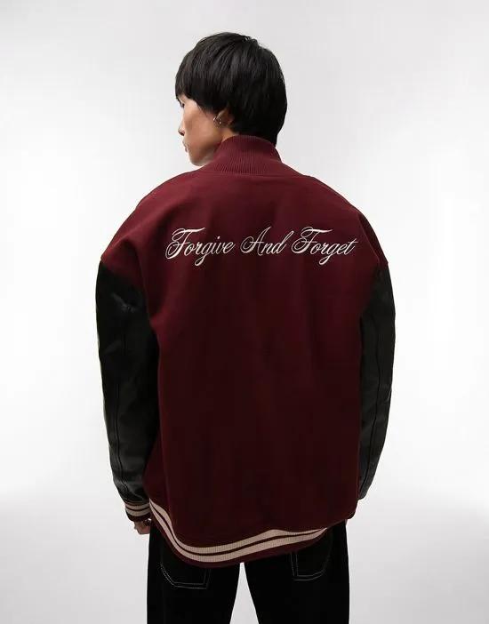 varsity jacket with back embroidery in burgundy