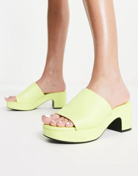 vegan mid heel chunky platform heeled sandal in lime green