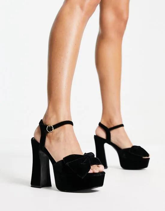 velvet bow detail platform heels in black