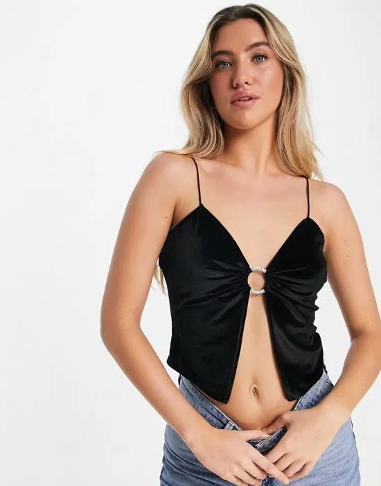 velvet cami top with crystal ring in black