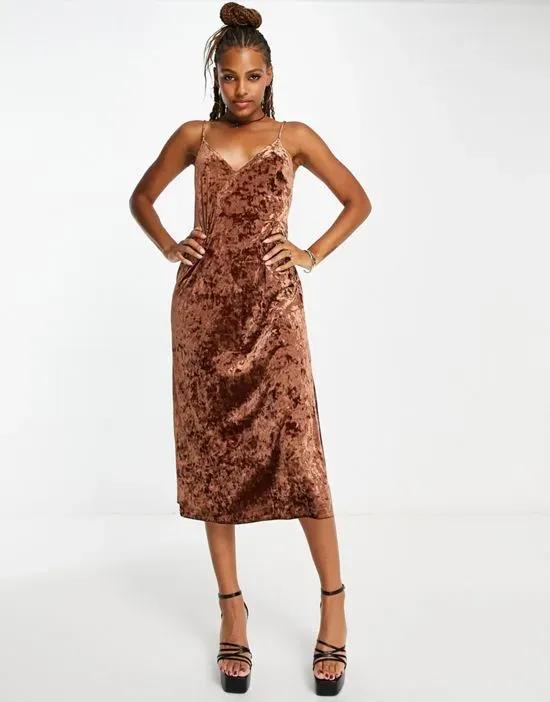 velvet midi slip dress in brown