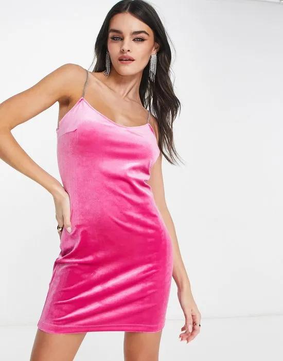 velvet mini dress with diamante straps in bright pink