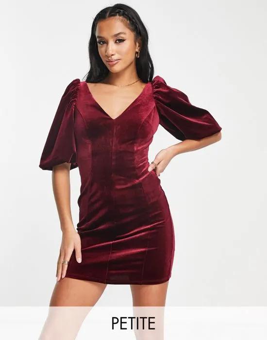 velvet plunge mini dress with puff sleeves in deep red