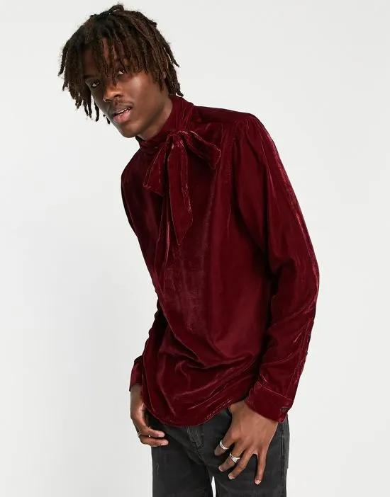 velvet shirt with pussybow tie neck in wine