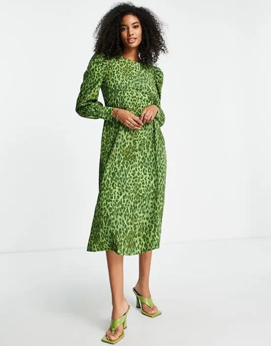 Vila shoulder detail midi dress in green leopard print