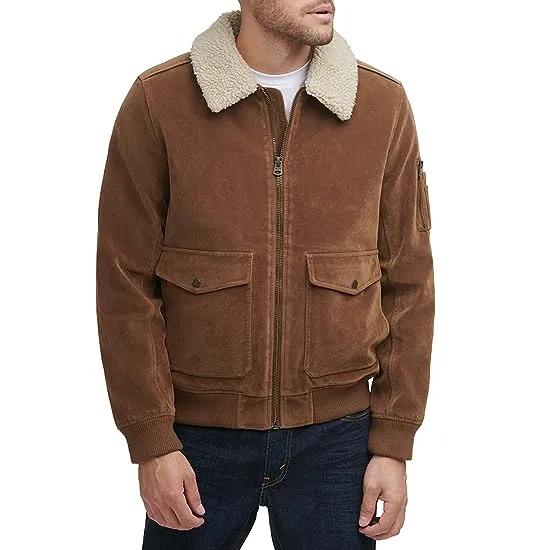 Vintage Faux Suede Aviator Bomber with Sherpa