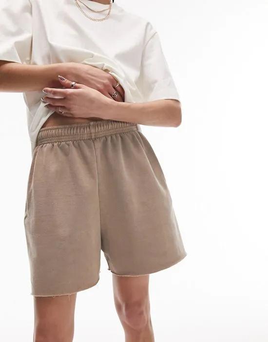 vintage wash raw hem sweat shorts in taupe - part of a set