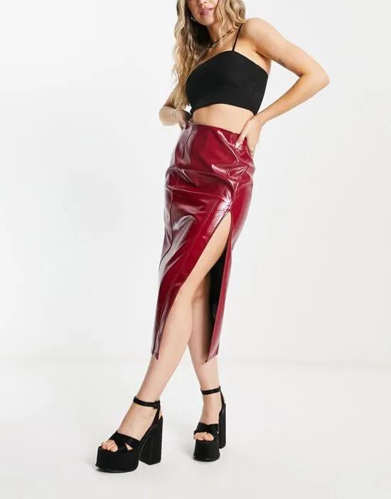 vinyl midi skirt with split detail in red