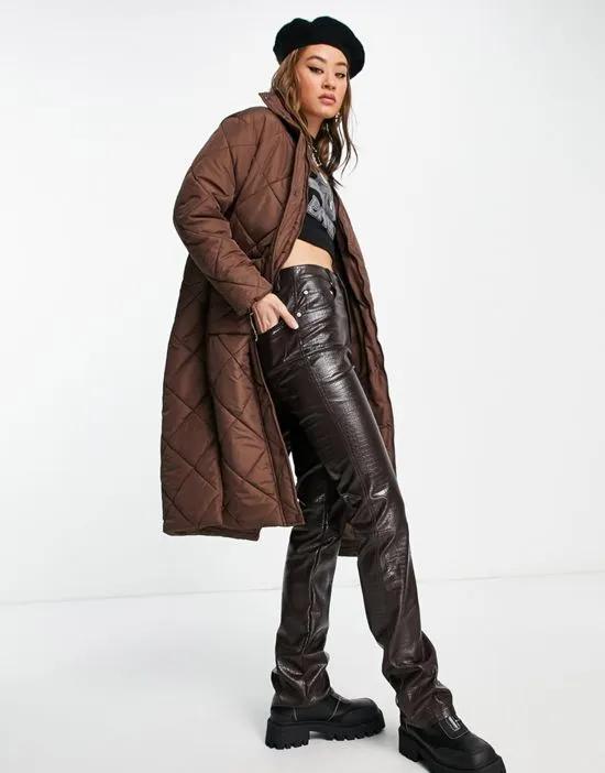 Violet Romance longline diamond quilt puffer coat with funnel neck in chocolate brown