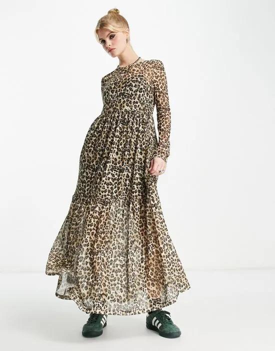Violet Romance mesh tiered smock midi dress in leopard print