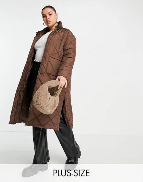 Violet Romance Plus longline diamond quilt puffer coat with funnel neck in chocolate brown