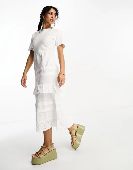 Violet Romance tiered midi t-shirt dress with broderie details in white