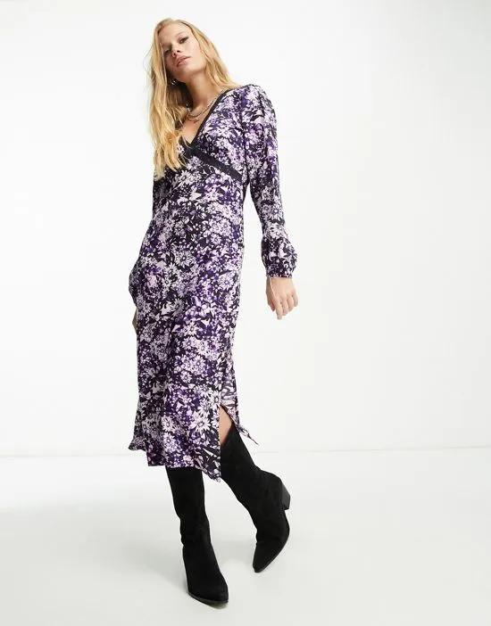 Violet Romance v neck midi dress with lace contrast in floral print