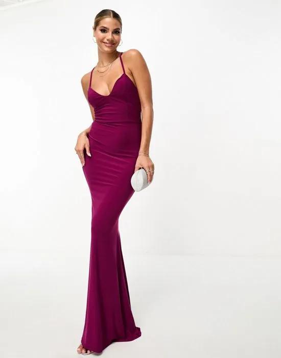 Violet strappy tie back fishtail maxi dress in plum