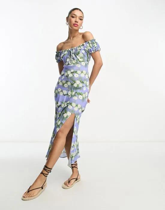 viscose milkmaid tie neck midi dress in blurred floral