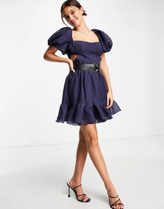 voile mini dress with pleated bodice and PU belt