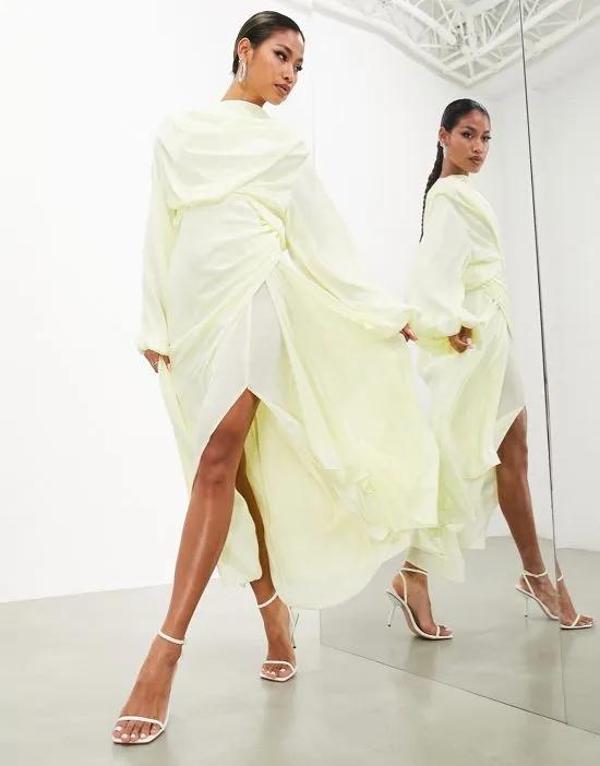 volume blouson sleeve satin midi dress in lemon