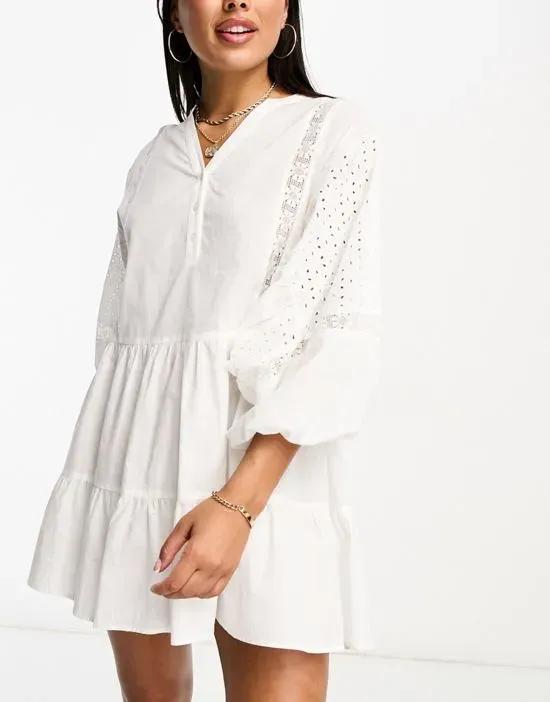 volume broiderie mini summer dress in white