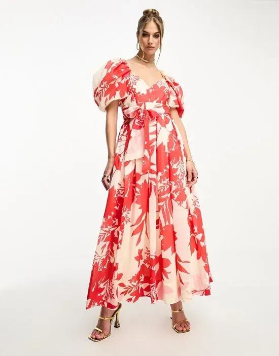 volume maxi dress in red floral print
