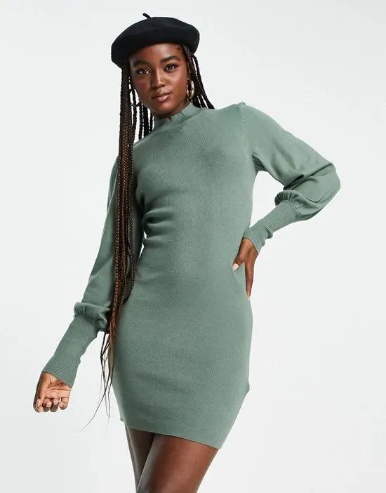 volume sleeve mini sweater dress in green