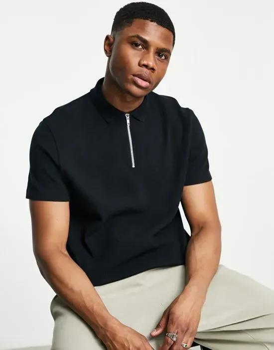 waffle polo with zip detail in black