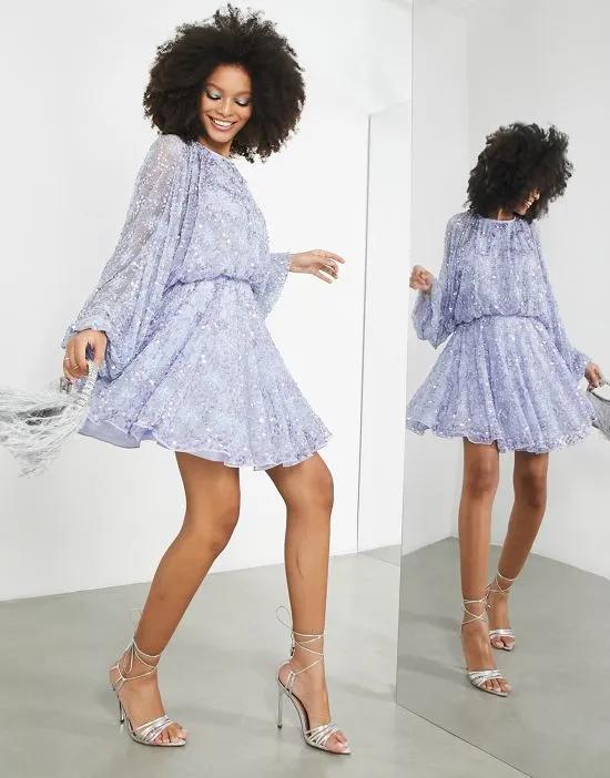 waisted blouson sleeve floral embellished mini dress in lilac