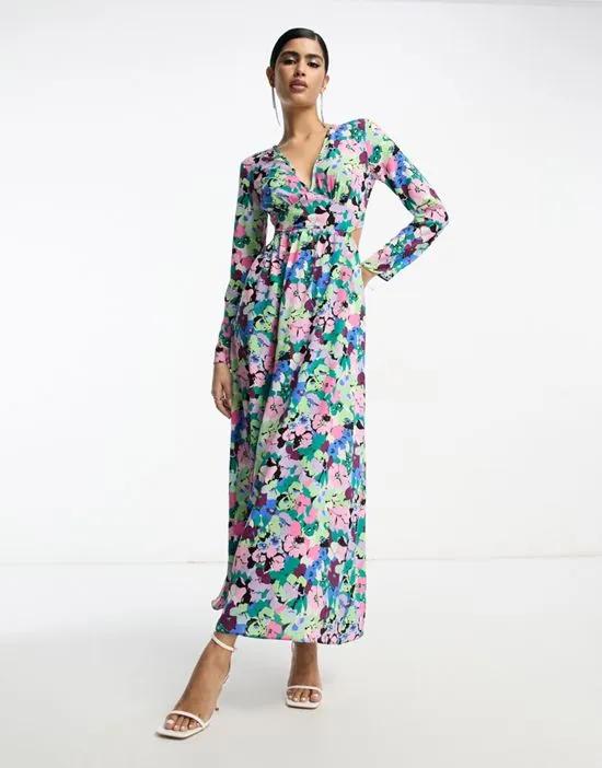 waisted maxi dress in blue floral print
