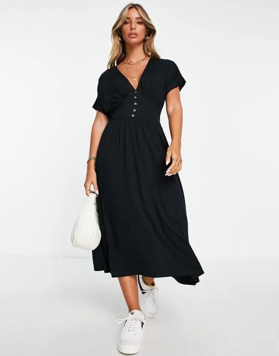 waisted midi tea dress with buttons in black