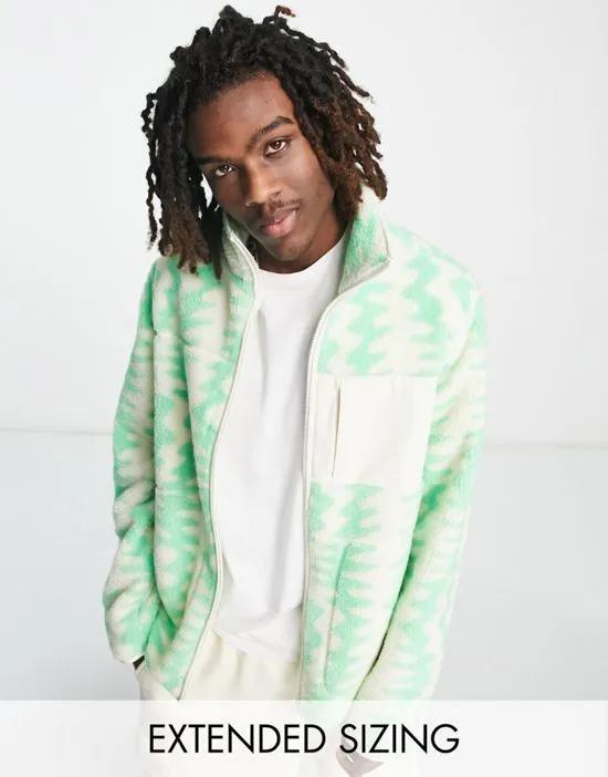 Walker borg fleece jacket in green and white wavy print