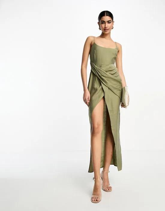 washed cami midi dress with drape skirt in green