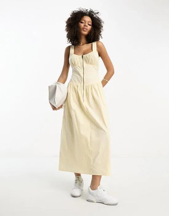 washed cotton drop waist utility midi dress with zip detail in cream