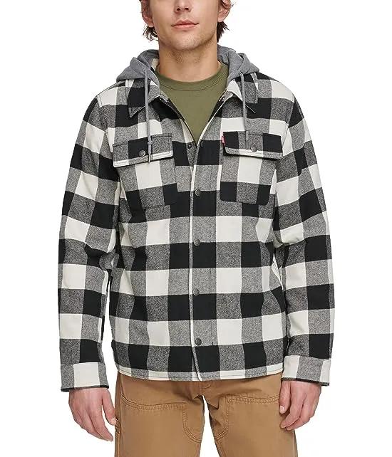 Washed Cotton Shirt Jacket with A Jersey Hood and Sherpa Lining