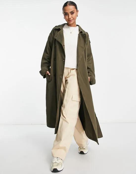 washed cotton trench coat in khaki