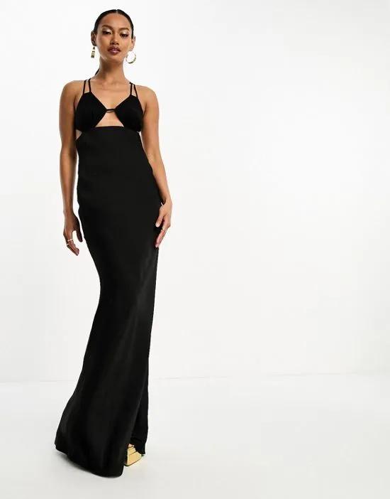 washed cut out detail bust satin maxi dress in black