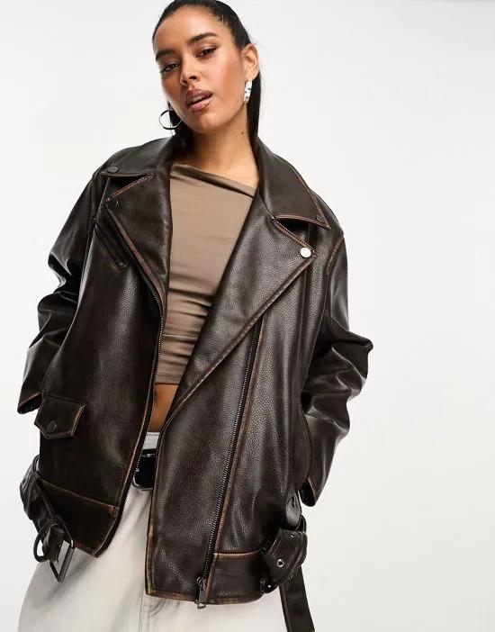 washed faux leather biker jacket in brown