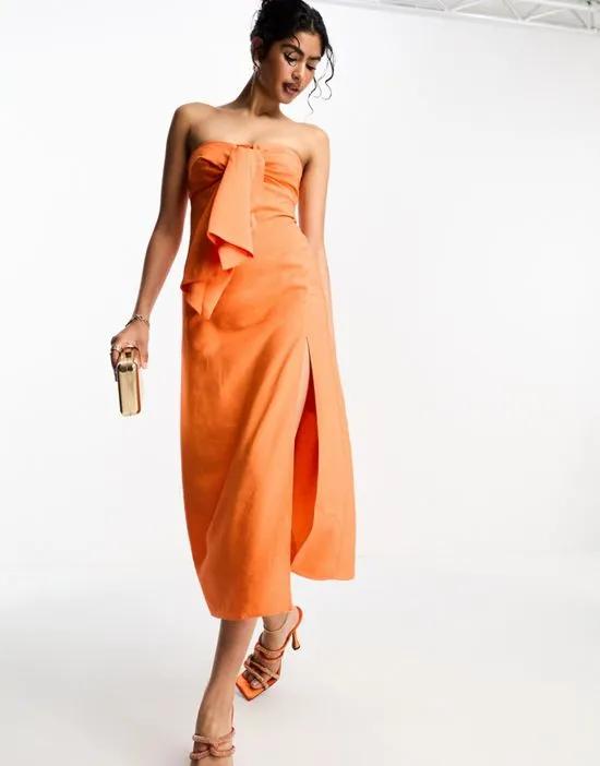 washed folded bandeau midi dress in orange